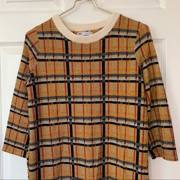 Zara · Nwot Golden Yellow Plaid Midi Sweater Dress - Picture 4 of 7